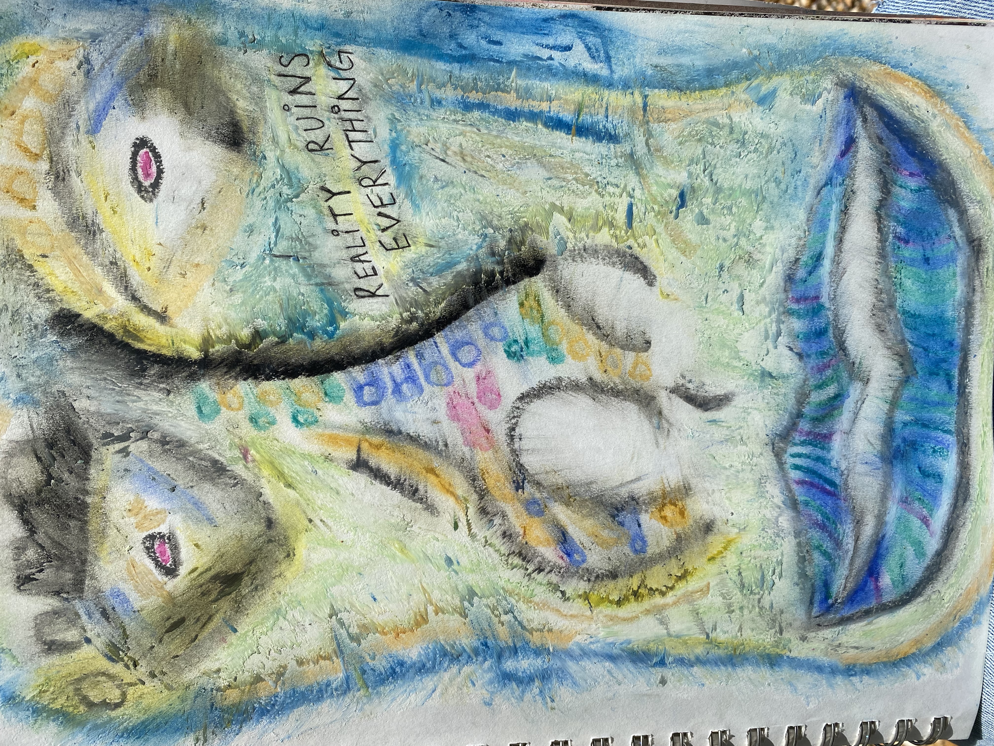 abstract oil pastel of a face with the text: 'reality ruins everything'. the pupils are pink and gray.
