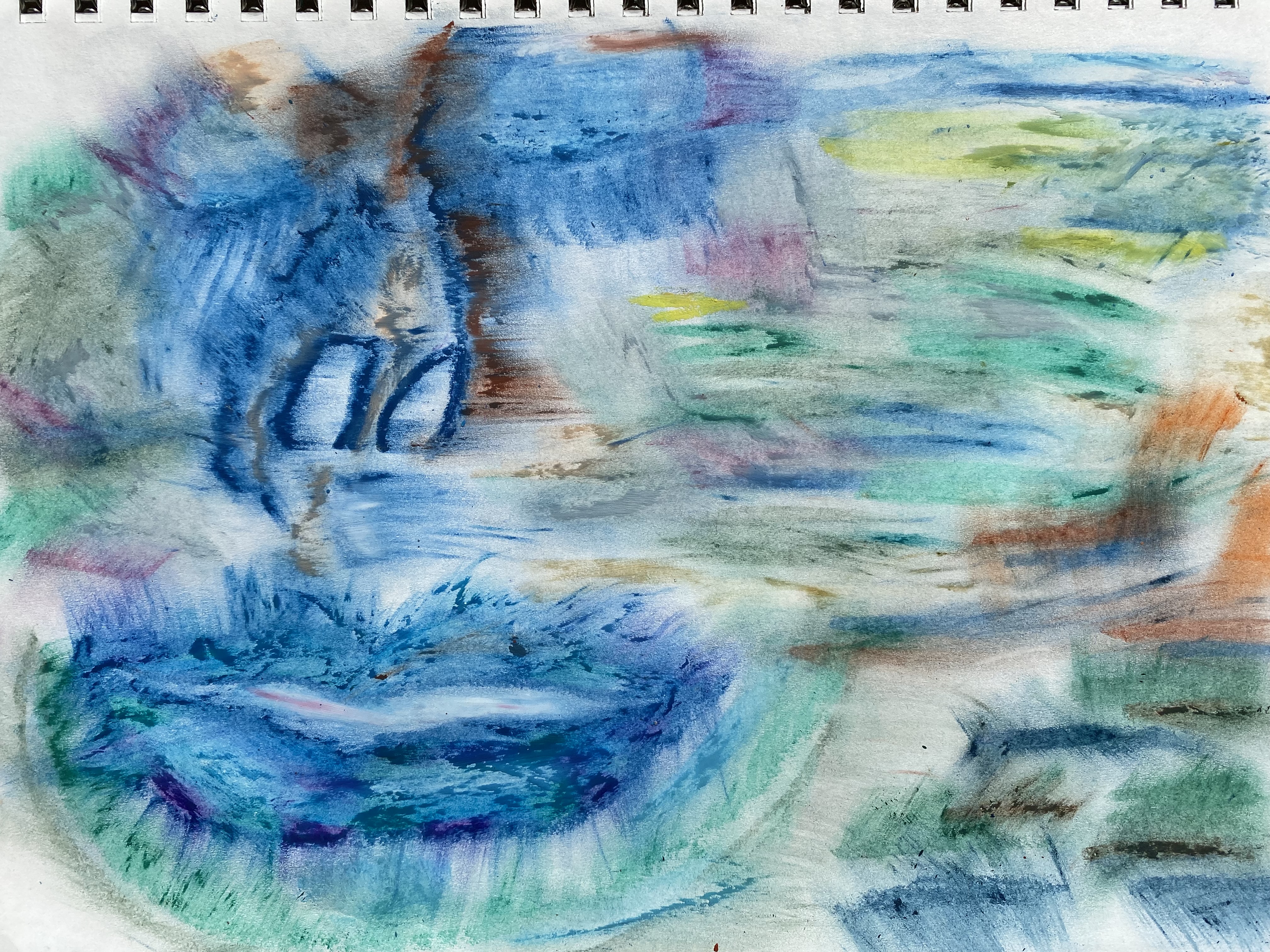 abstract oil pastel of a woman's face. colors include: green, blue, yellow, orange, pink, and copper.