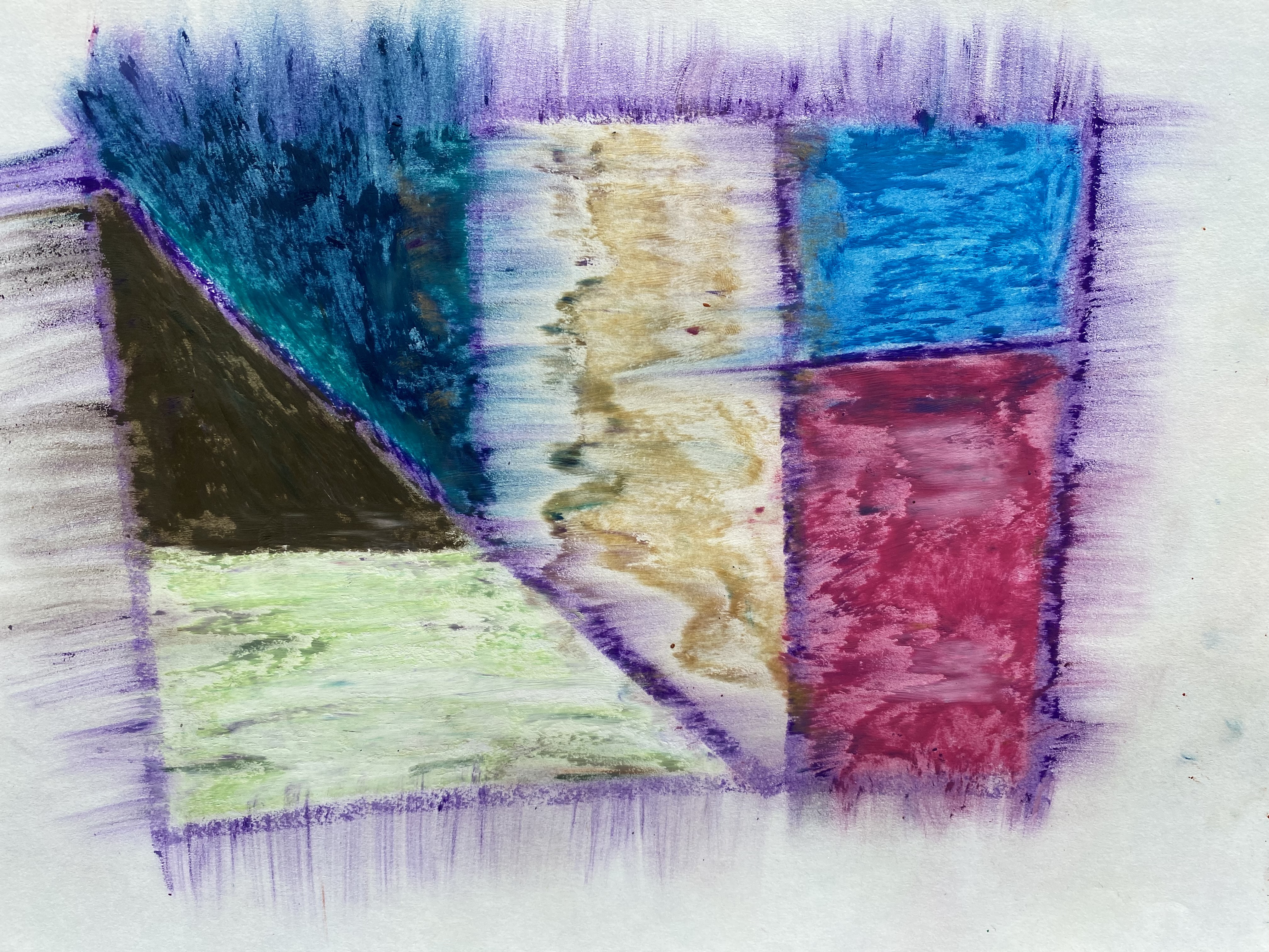 abstract oil pastel of a cube with various sections of color. colors include: pale green, hunter green, brilliant blue, nude, yellow, azul blue, and pink.