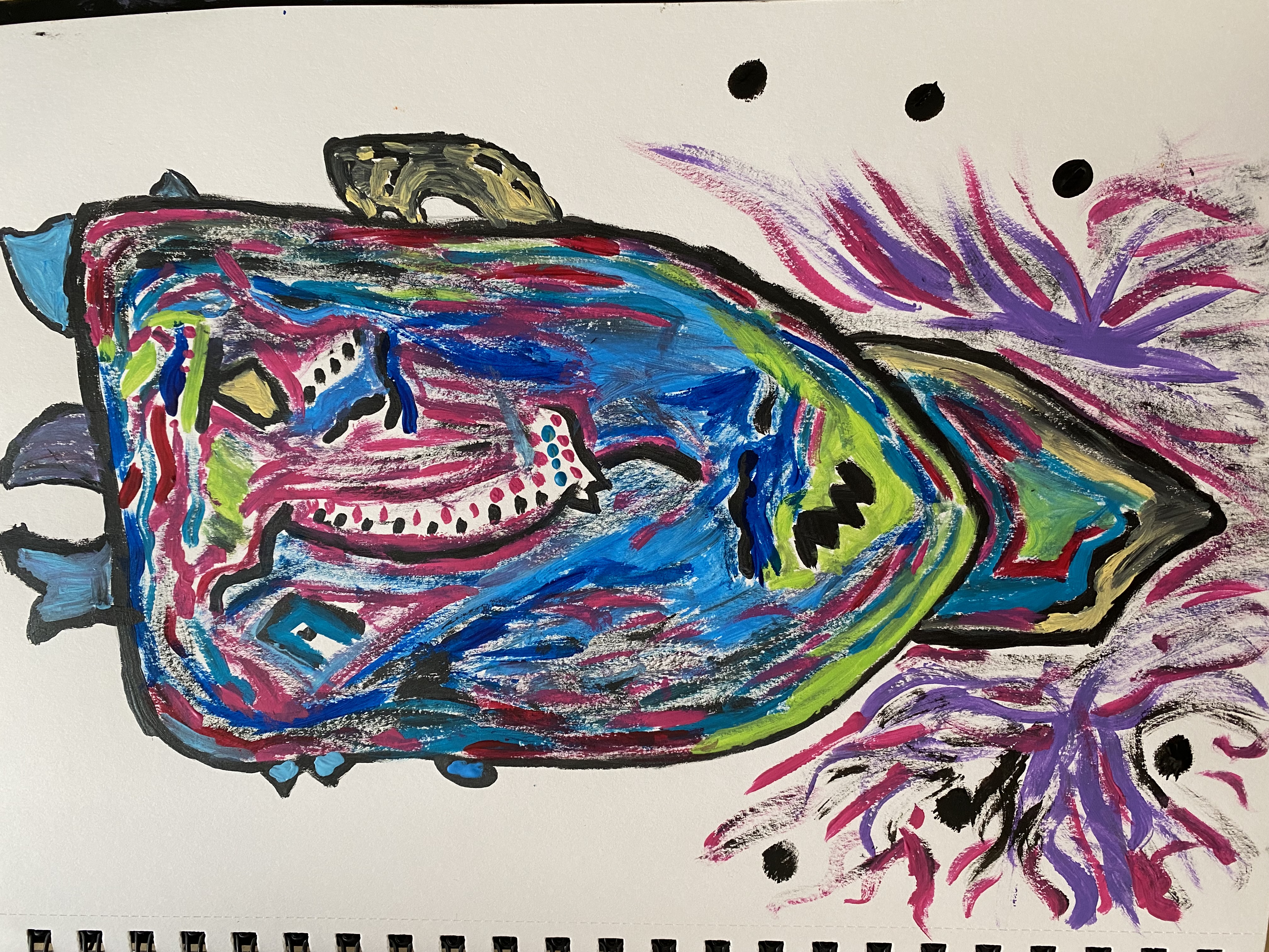 abstract arcylic sketch of a face. rapid brush strokes of black, pink, and violet frame the neck. six black dots surround strokes. the hair is blue and silver.