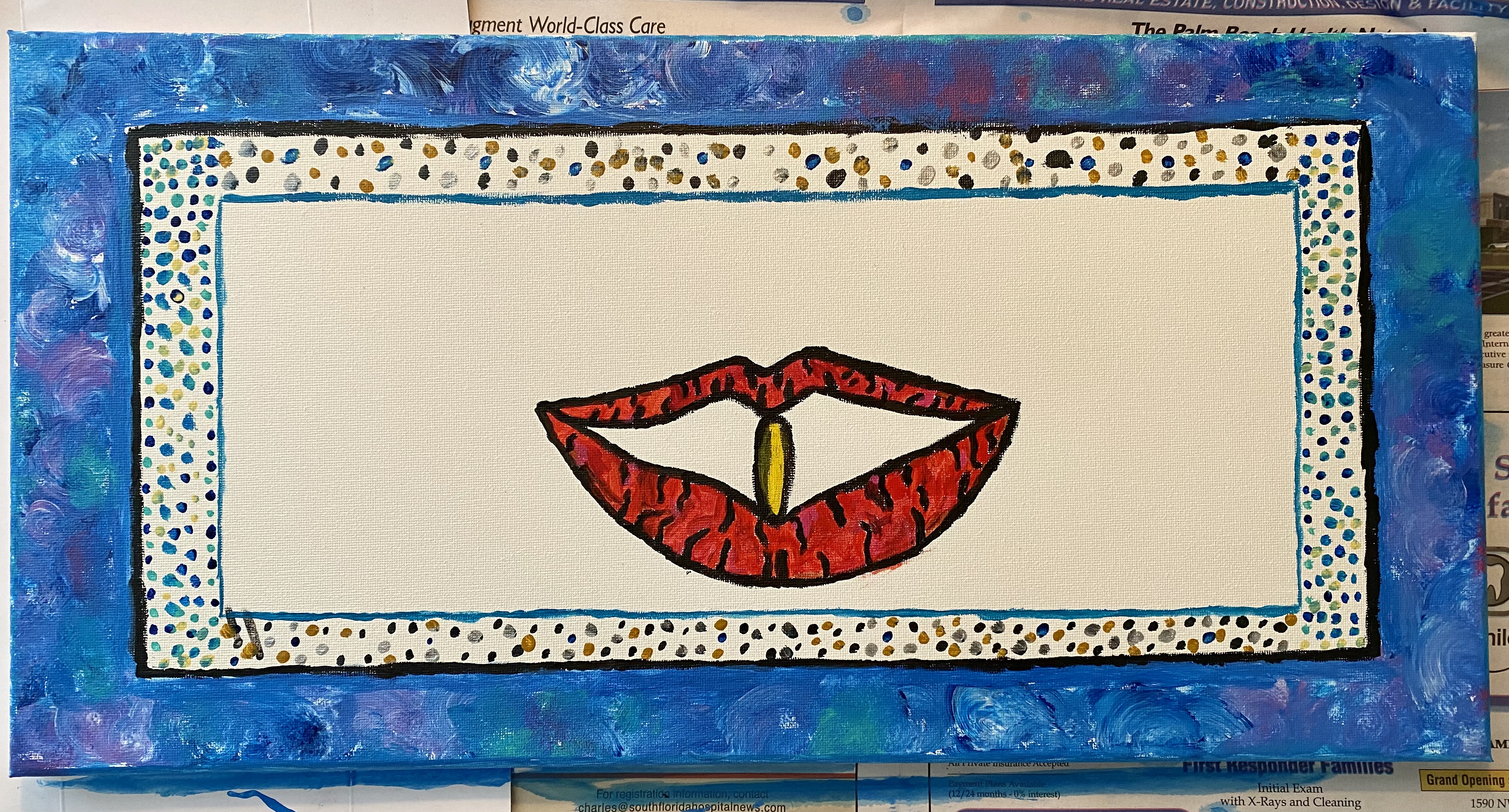 10in x 20in rectangular white canvas with hints of white spray paint. the canvas was primed with spray paint. the outer border contains swirls of white, light blue, brilliant blue, light violet, teal, turqoise, and sea green. the next border inward contains dots of black, copper, silver, pale yellow, mars black, and sea green. the innermost rectangle contains lips with hues of dark red, bright red, and pink with a yellow pill in the center of the mouth. 