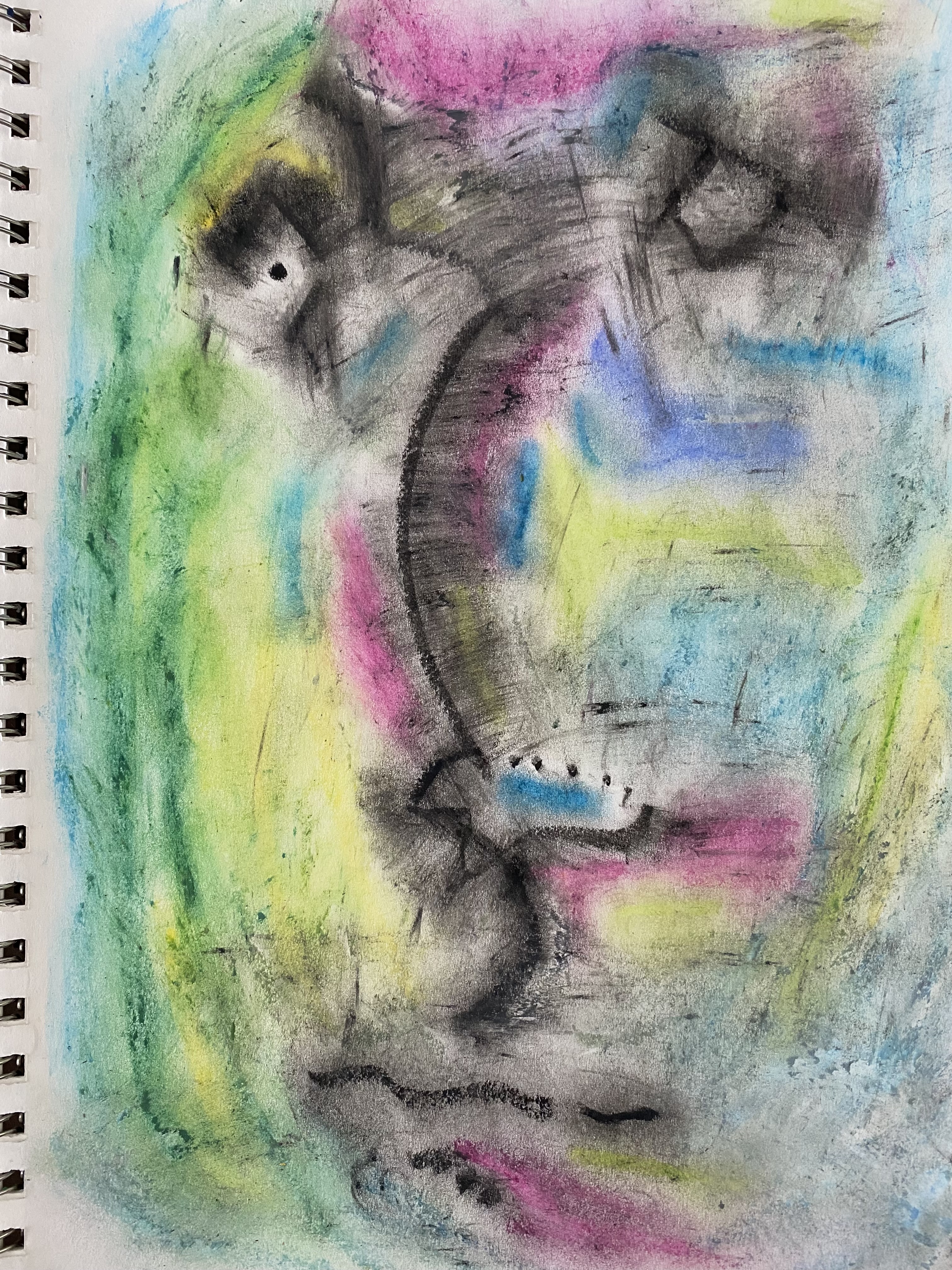 abstract sketch of a face using The Artist's Loft oil pastels including the colors light blue, black, pale green, pale yellow, rose, and brilliant blue.