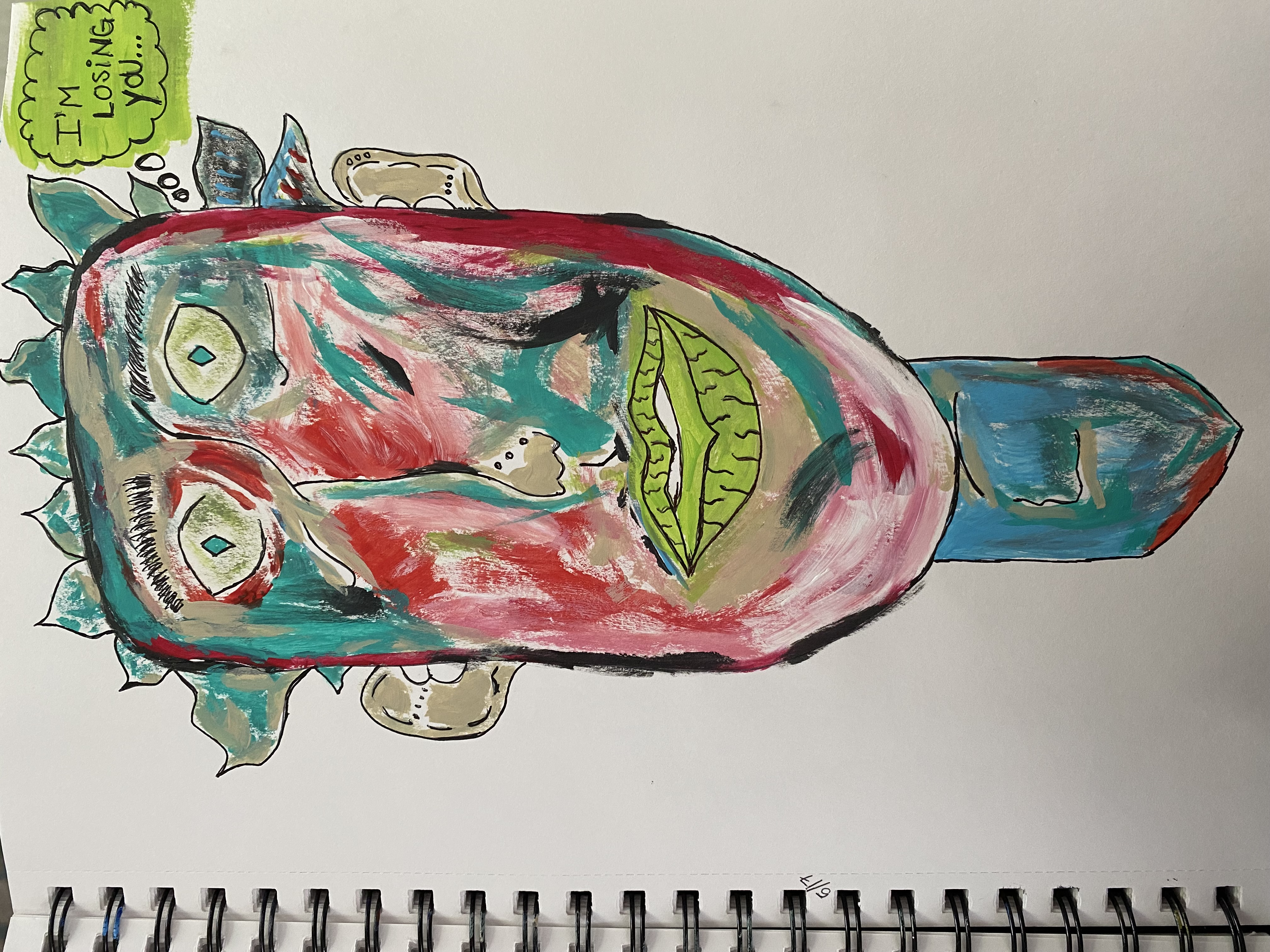 abstract sketch of a man's face made with kate spade ball point pen and arcylic paints, in the upper right hand corner there is a thought bubble that states 'I'm losing you'.