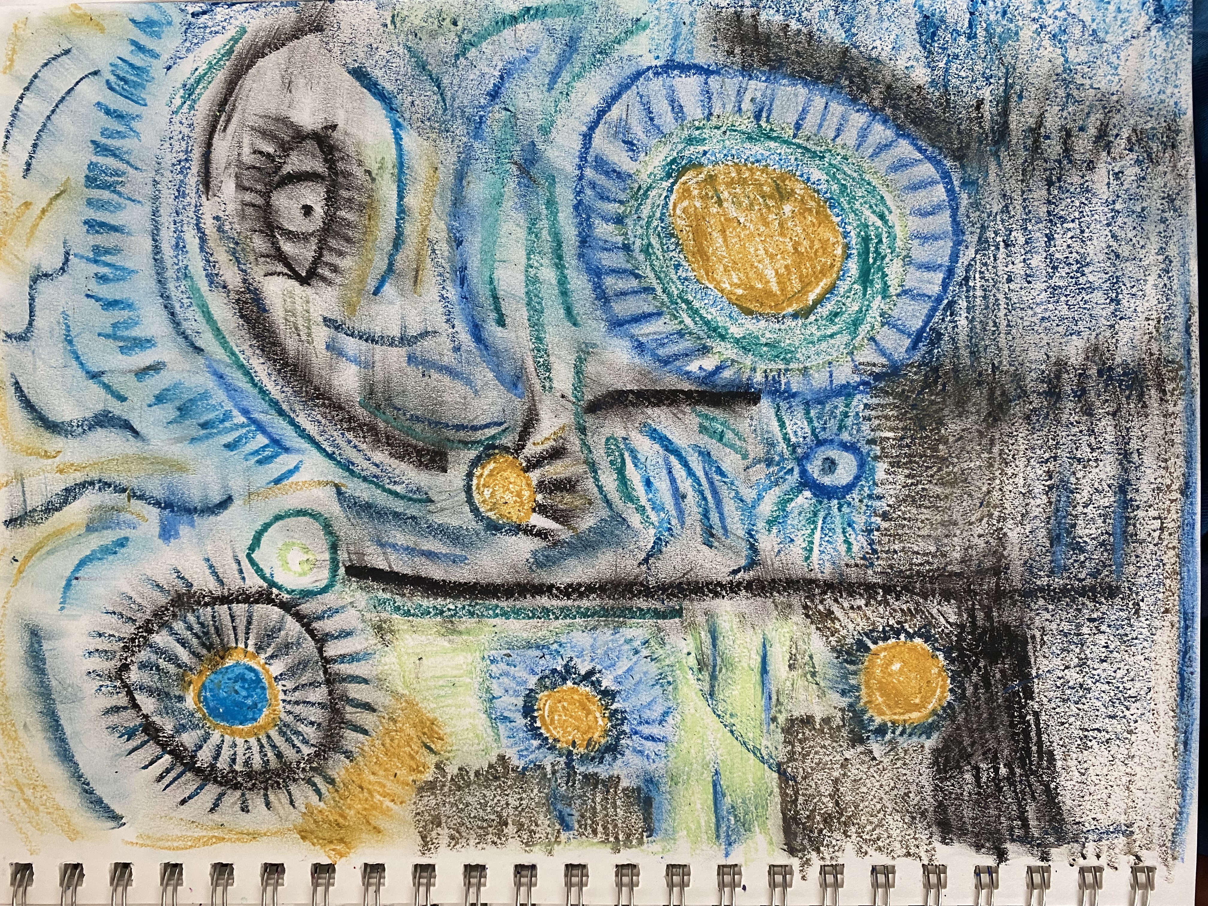 cubistic style sketch made with the artist's loft oil pastels including the colors: light blue, gold, teal, black, brown, azul, pale green, and brilliant navy blue.