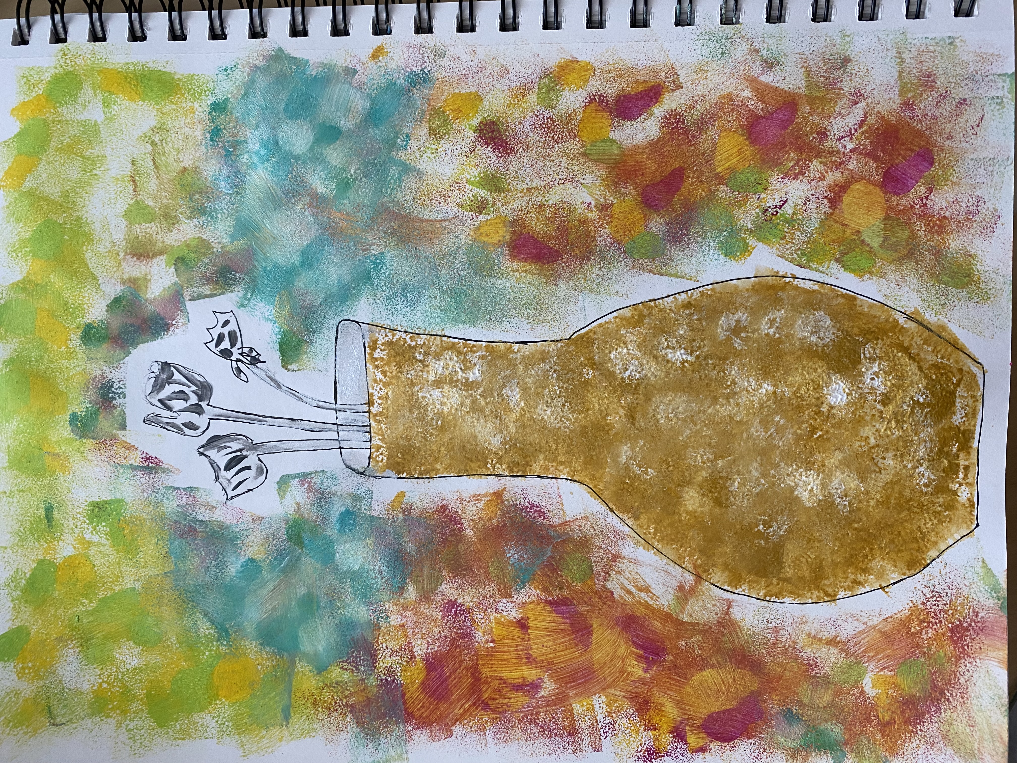 still-life sketch of a gold ceramic vase with three silver and flowers. the background includes vibrant blends of colors using a sponge.  